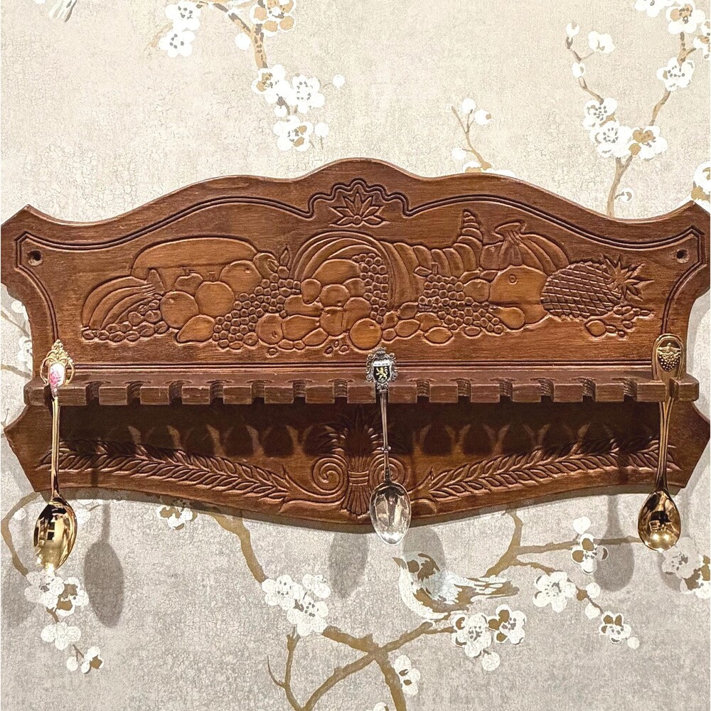 Wood Souvenir Spoon Display Rack Wall Hanging Cornucopia Fruit Motif Shelf